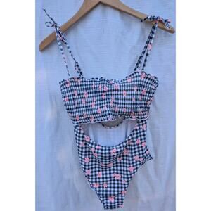 Decree Women's Plaid Check One Piece Swimsuit Sz L Floral Smocked Cut Out Ruffle